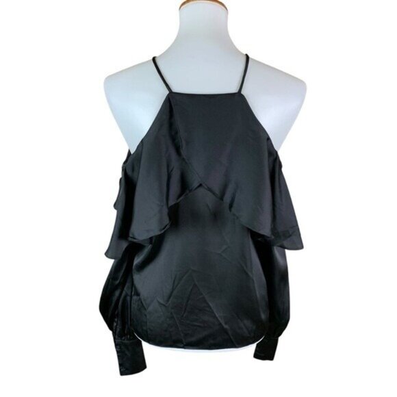 Haute Rogue Black Cold Shoulder Satin Ruffle Blouse Small Elegant Date Night NWT - Picture 4 of 7